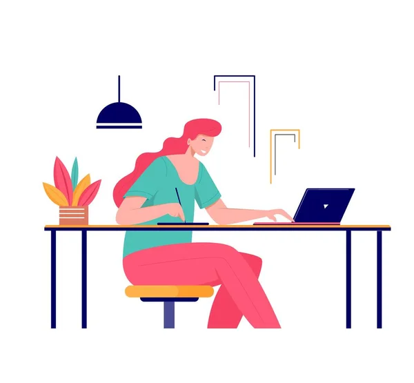 自宅で フリーランスのコンセプトで働く 自宅からテーブルに座ってラップトップコンピュータ上で描画作業女性フリーランサー文字 若い女性自身のベクトルフラットスタイルイラストが採用 — ストックベクタ