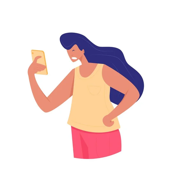 Irritated young woman looks at screen of phone — Stock Vector