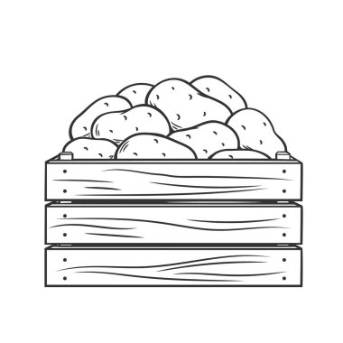 Tahta kutuda olgun patatesler. Modern oymalı patateslerin sonbahar hasadının vektör çizimi.
