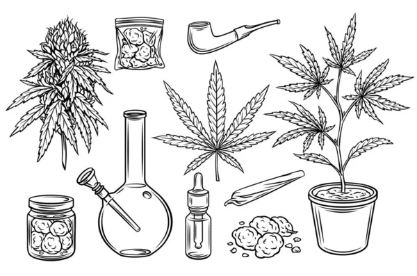 Conjunto de iconos de bosquejo de marihuana — Archivo Imágenes Vectoriales