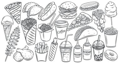 Fast food taslak simge seti. Hamburger, sosisli sandviç, shawarma, rafadan erişte, pizza ve paket kafe tasarımı için diğerleri. Vektör illüstrasyonuName.
