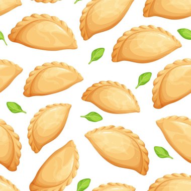 Empanada 'lar kusursuz desen. Kızarmış turta arka plan vektörü. Tipik Latin Amerika ve İspanyol fast food. Kafe fast food tasarımı için karikatür stili çizimi vurgulanıyor.