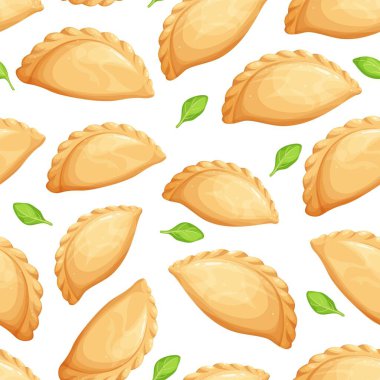 Empanadas seamless pattern. Fried pie background vector. Typical Latino America and spanish fast food. Empanada in cartoon style illustration for cafe fast food design. clipart