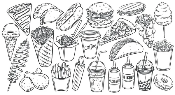 Fast Food Outline Getekend Pictogram Set Hamburger Hotdog Shawarma Wok — Stockvector