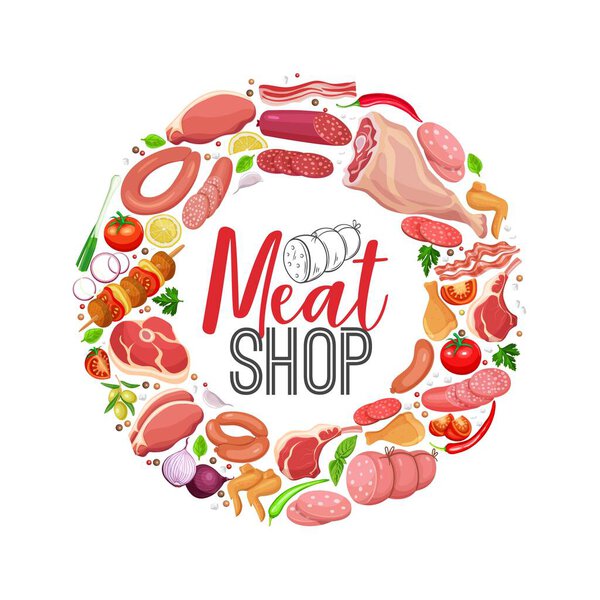 Meat products with vegetables and spices round banner template for food meat production, brochures, banner, menu and shop design. Vector Illustration.