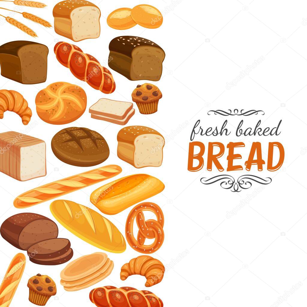 Bread products template page design. Vector rye bread and pretzel, muffin, pita, ciabatta and croissant, wheat and whole grain bread, bagel, toast , french baguette for design menu bakery