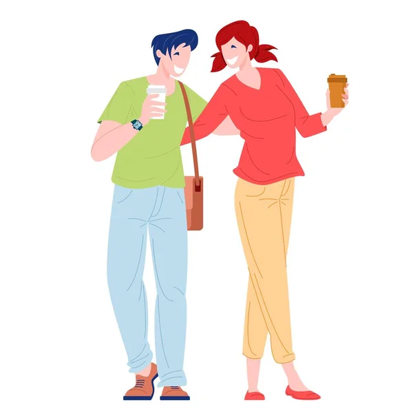 Pareja romántica joven mujer y hombre caminando — Vector de stock