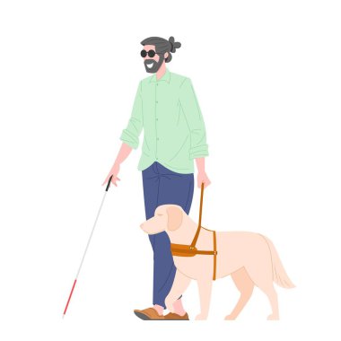 Rehber köpeği olan engelli bir kör.