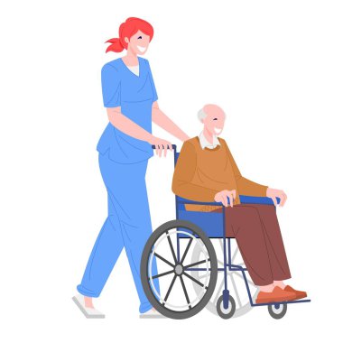 Tekerlekli sandalyede özürlü bir adamla hemşire.