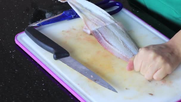 有机新鲜鞋底鲑被去皮并准备烹调 — 图库视频影像