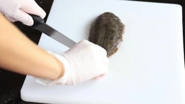Organic Fresh Sole Whitefish Being Peeled Prepared Gourmet Cooking — Stock Video