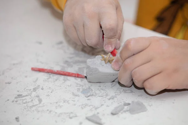 Bild av ett pedagogiskt spel för att hitta fossil för en liten arkeolog, med barns händer gräva — Stockfoto