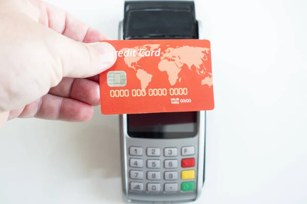 Red Credit Card And Pos Terminal On White — Stock Photo, Image