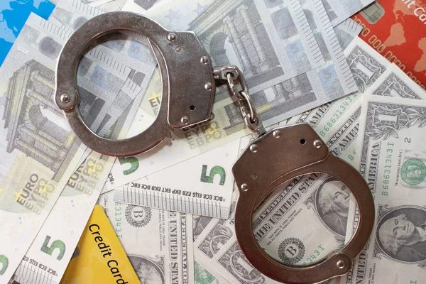 Dollar euro and credit cards With Handcuffs. — Stock Photo, Image