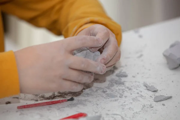아이들이 손으로 땅을 파고 있는 작은 고고학자의 화석을 찾기 위한 교육용 게임의 모습 — 스톡 사진