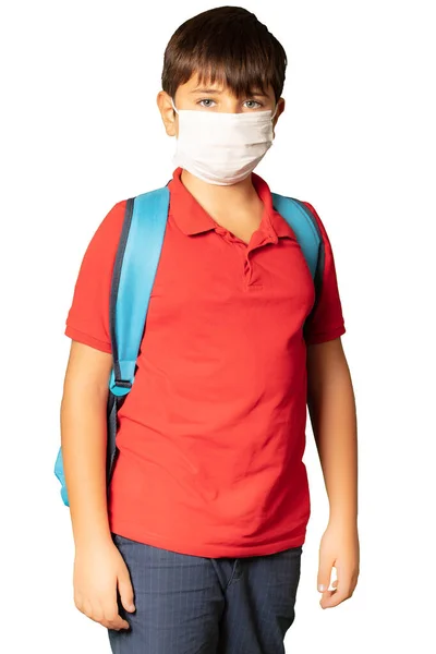 Niño Niño Usando Mochila Pie Sobre Fondo Blanco Aislado —  Fotos de Stock