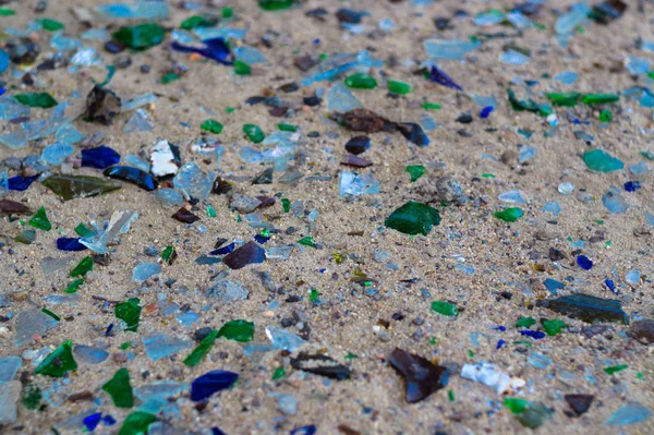 Broken Glass Bottles White Sand Bottles Green Blue Colour Trash — Stock Photo, Image