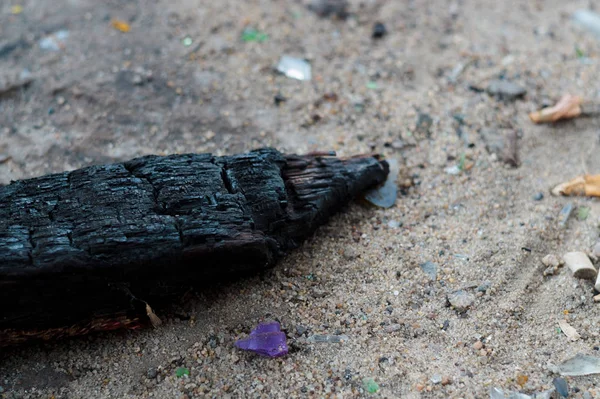 白い砂の上に薪 砂の上のゴミ 生態学的問題 — ストック写真
