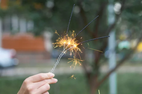 Firing triple bengali light in hand with blurred bakground close-up view.