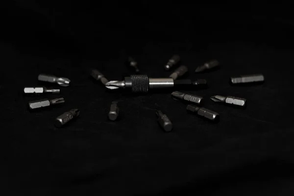 Tool Carbon Steel Bits Black Background Dark Key Style Bit — Stock Photo, Image