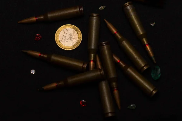 Rifle Ammo One Euro Coin Wigh Gemstones Black Background Symbolizes — Stock Photo, Image