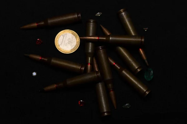 Rifle Ammo One Euro Coin Wigh Gemstones Black Background Symbolizes — Stock Photo, Image