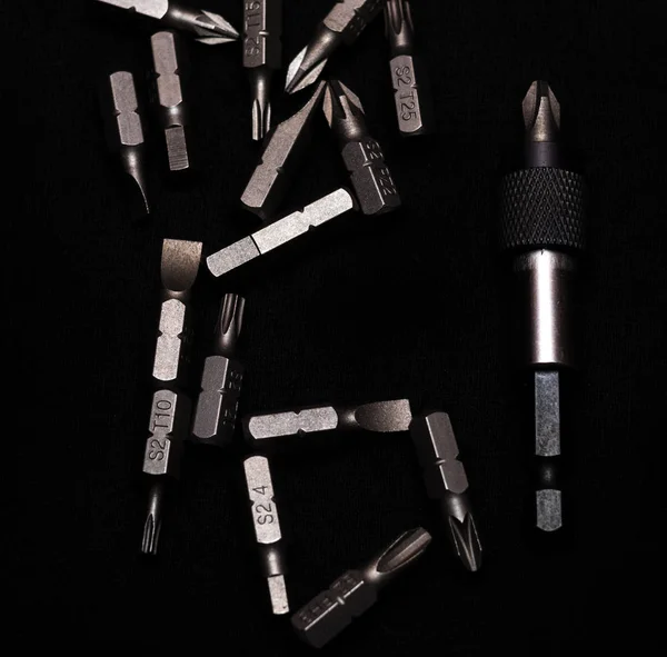 Tool Carbon Steel Bits Bit Holder Black Background Dark Key — Stock Photo, Image