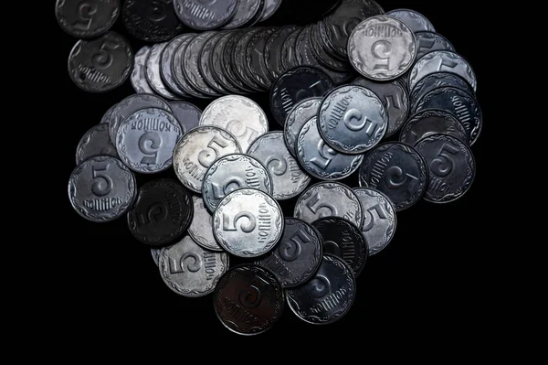 Ukrainian Coins Isolated Black Background Close View Coins Located Center — Stock Photo, Image