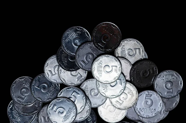 Ukrainian Coins Isolated Black Background Close View Coins Located Center — Stock Photo, Image