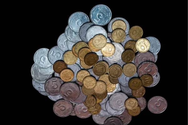 Small Ukrainian Coins Isolated Black Background Close View — Stock Photo, Image