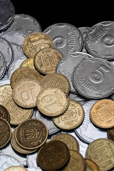 Ukrainian Coins Isolated Black Background Close View Coins Located Center — Stock Photo, Image