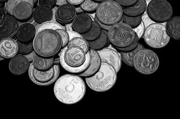 Українські Монети Однією Євровалютою Були Ізольовані Чорному Тлі Чорно Біле — стокове фото