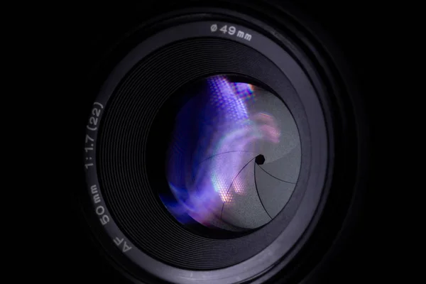 Lens Aperture Low Light Photo Closeup Colorful Light Traces Glass — Stock Photo, Image