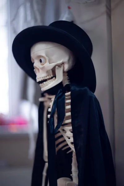 Esqueleto Com Chapéu Cabeça Capa Halloween Decoração — Fotografia de Stock