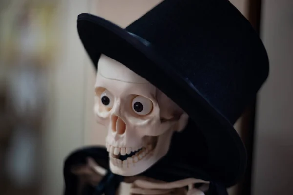 Şapkalı Pelerinli Bir Iskelet Yakın Çekim Görüntüsü Cadılar Bayramı Dekorasyonu — Stok fotoğraf