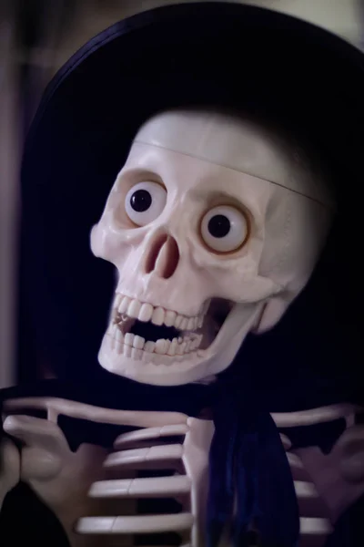 Esqueleto Com Chapéu Cabeça Capa Decoração Halloween Vista Close Com — Fotografia de Stock