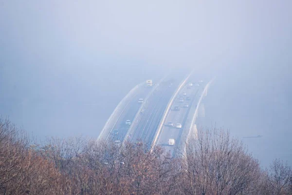 Autumn Fog River Steel Bridge Subway Train Blurred Background Forest — Stock Photo, Image