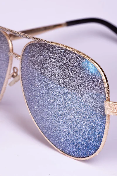 Sunglasses Artificial Snow White Purple Background Close View — Stock Photo, Image