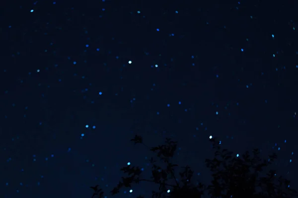 Long Exposure Night Photo Lot Stars Trees Foreground Far City — Stock Photo, Image