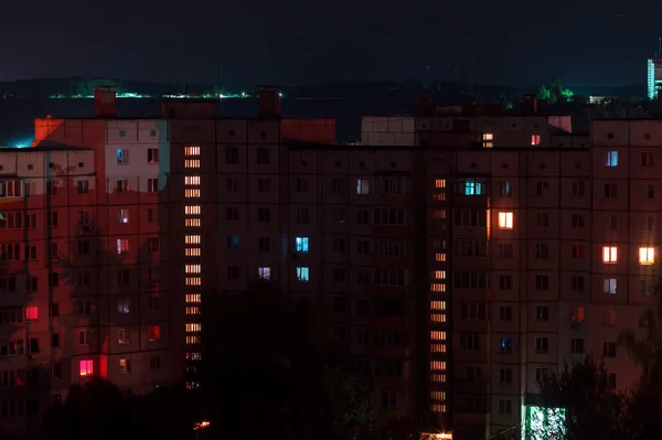 Night Long Exposure Photo Floors High Rise Buildings Red Colours — Stock Photo, Image