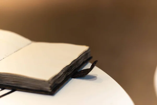 Handmade magic notebook with tower symbol on cover. Leather cover and handmade sheets inside. Notebook have 12 signs of the zodiac on first page. Very blurred background with soft focus on notebook.