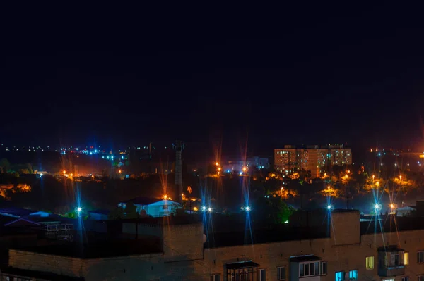 Long Exposure Night Photo Lot Stars Trees Foreground Far City — Stock Photo, Image