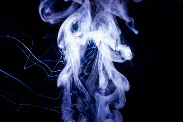 Vape smoke clouds isolated on black background. Hot vape liquid splash in vape coil. Nice aromatic cloud. Low light photo. Underexposed photo in a low key style.