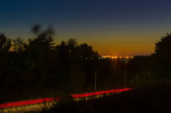 Lange Belichtingsnacht Foto Ver Van Stad Nachtlandschap — Stockfoto