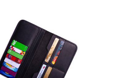 24.01.2019 Ukrayna, Kiev. El yapımı siyah deri walle bir parçası