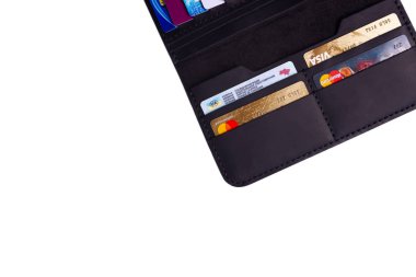 24.01.2019 Ukrayna, Kiev. El yapımı siyah deri walle bir parçası