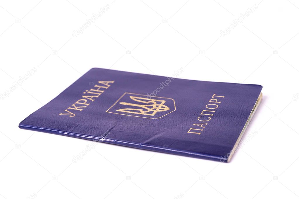 Blue Ukrainian passport isolated on white background. Passport i