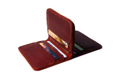 24.01.2019 Ukrayna, Kiev. El yapımı kırmızı ve kahverengi renk deri c