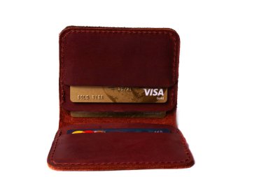 24.01.2019 Ukrayna, Kiev. El yapımı kahverengi renk deri cardholde