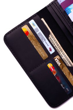 24.01.2019 Ukrayna, Kiev. El yapımı siyah deri walle bir parçası